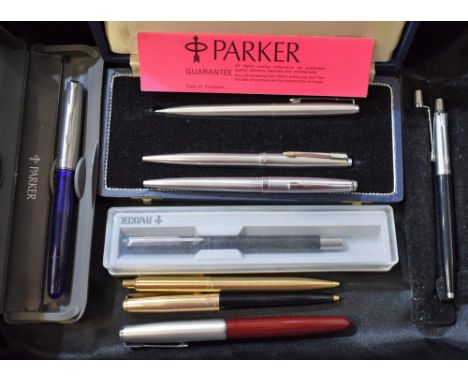 Pens - a Parker ball point pen and propelling pencil cased set, Firth Brown Ltd 25 year service award case;  others Parker 65