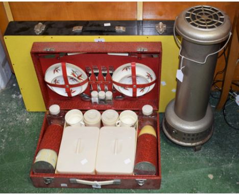 A Sirram picnic set; a 1960's folding picnic table and stools; a Belling heater (3)