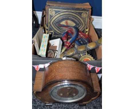 Boxes and Objects - a Smiths Enfield mantel clock; horse brasses; road maps of India; family bible; etc