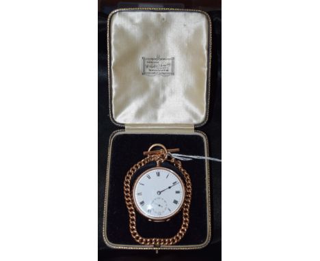 A 9ct gold open faced pocket watch, white enamel dial, Roman numerals, subsidiary seconds dial; a 9ct gold curb link chain wi