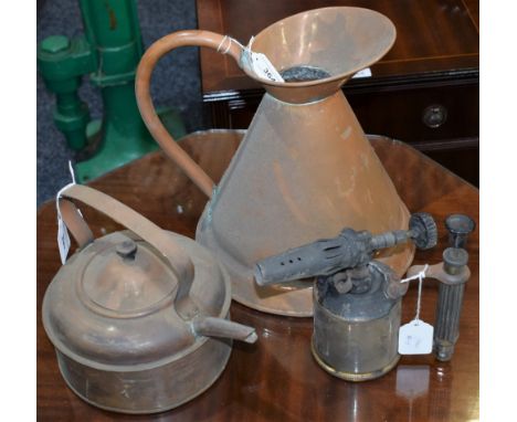 A large copper jug; a brass blow lamp, Max Sievert, Stockholm; a copper kettle (3)