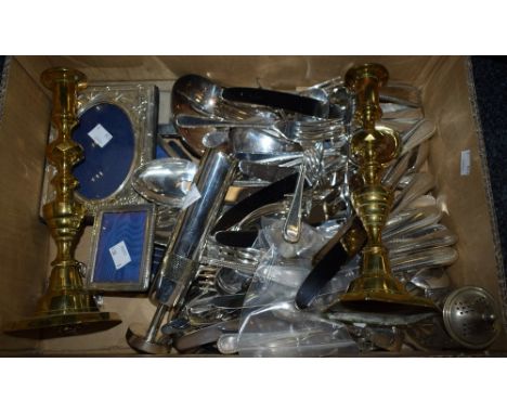 Silver and Plate - an Edwardian style rectangular silver photograph frame; others, miniature; assorted flatware, soup ladle, 