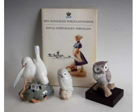 A Royal Copenhagen model, Love Birds Seated, no 402; another, Owl, 1945; a Lladro model, Lucky Owl, boxed