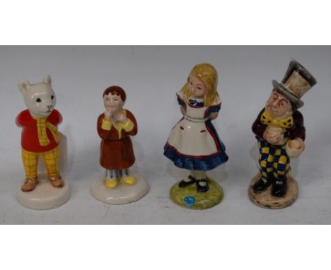 A Beswick Alice in Wonderland series model, Alice; another, Mad Hatter; a Beswick Rupert The Bear; a Royal Doulton The Snowma