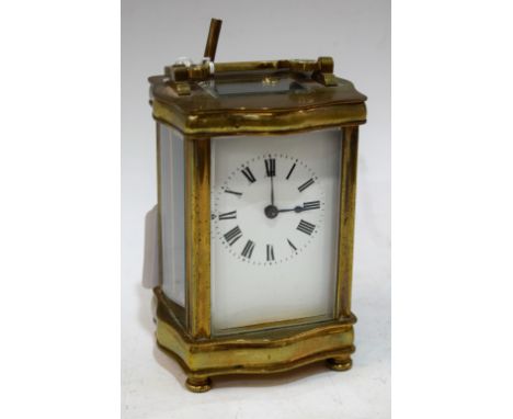 A French lacquered brass five glass carriage clock, rectangular white enamel dial, Roman numerals, swing handle, 16cm overall