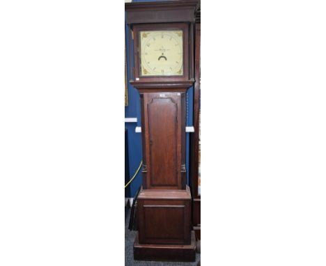 A 'George III' oak partial longcase clock, the case with outswept cornice, shaped rectangular door to waist flanked by inset 