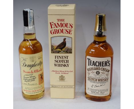 A bottle of Famous Grouse Scotch Whisky, 75cl, boxed; a Teachers Highland Cream, 75cl; a Dougherty's scotch whisky, 70cl (3)