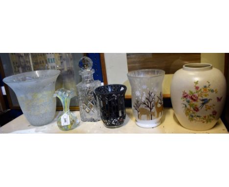 A Sandra Rich studio glass vase; a heavy gauge cut glass decanter; a Murano aventurine flecked vase; a Poole vase; others (6)