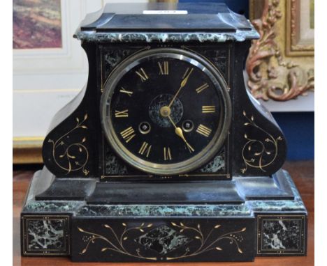 A French architectural black slate mantel clock, brass mounted dial with Roman numerals, 22cm, late 19th century, c.1880