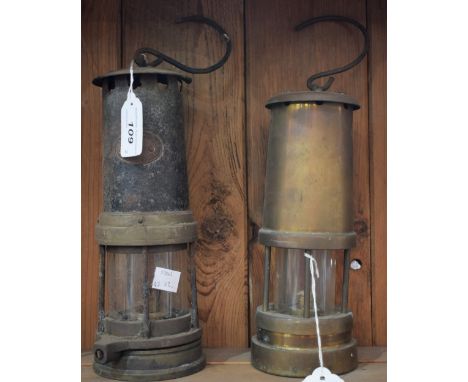 A Welsh Thomas &amp; Williams, Aberdare, miner's lamp, 24cm high; another brass miner's lamp (2)