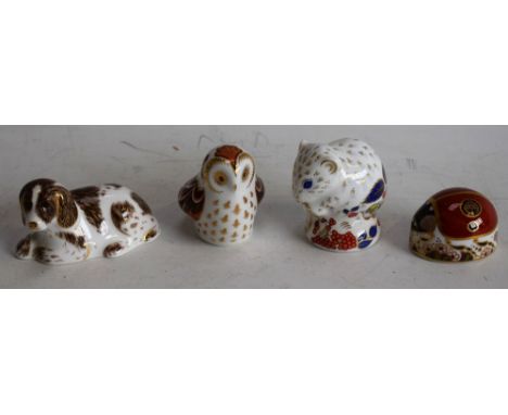 A Royal Crown Derby paperweight, Derby Dormouse, Collector's Guild Members Pack, gold stopper, boxed; others, Owlet, Ladybird