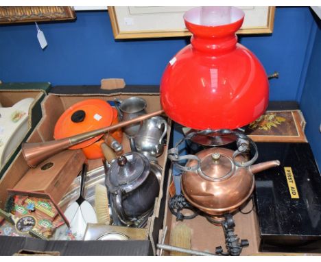 Boxes, Objects and Metalware - a table oil lamp; a pair of silver plated oval platters; an enamel dressing table set; Cousanc