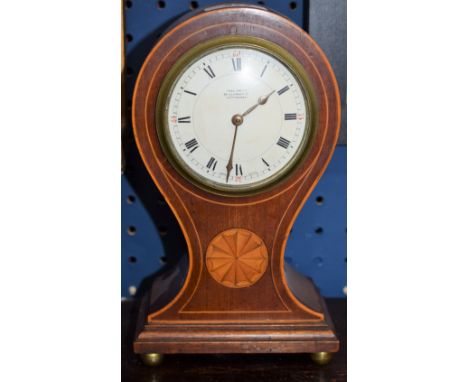A mahogany inlaid balloon shaped mantel clock, Fred Smith, 24 Clumber Street, Nottingham, circular dial with Roman numerals, 