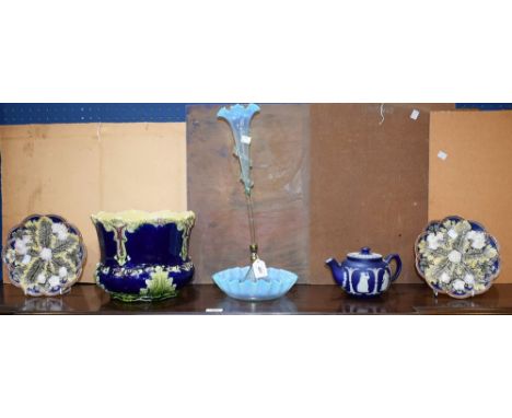 A Victorian vaseline glass table centre; a Dudson Brothers Jasperware teapot; a pair of 19th century Majolica plates; a simil