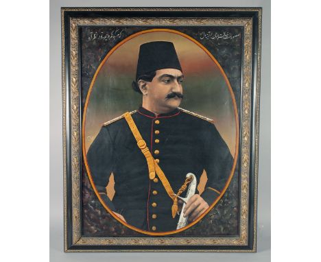 A PERSIAN QAJAR OIL ON TIN PORTRAIT PAINTING OF PRINCE MAS'UD MIRZA, YAMIN AL-DAWLA ZILL AL-SULTAN (1850-1918), SIGNED IBRAHI