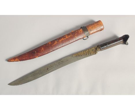 A 19TH CENTURY OTTOMAN BALKANS SHORT YATAGHAN SWORD, with inlaid horn handle and leather overlaid wooden scabbard, sword 48cm