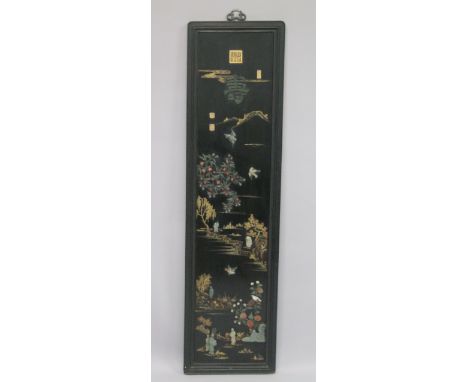 A LARGE 20TH CENTURY CHINESE LACQUERED PANEL, applied with possibly earlier jade carving and other hardstones, with gilt deco