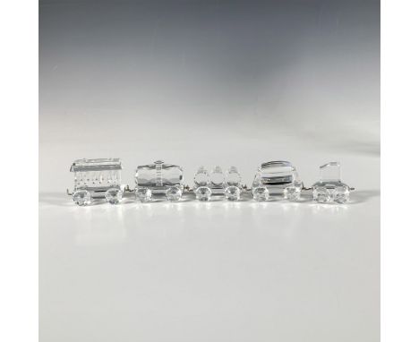 Five faceted crystal pieces of the Silver Crystal Train Express, including the passenger carriage, petrol wagon, tipping wago