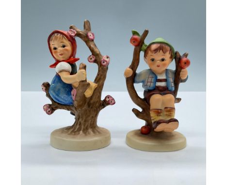Beautiful duo of children playfully sitting in apple trees. Tallest piece measures: 2.5''L x 2.75''W x 4''H. Goebel Hummel ba
