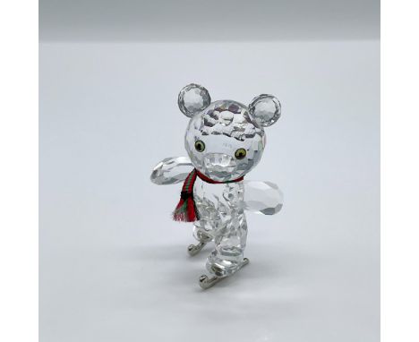 Part of the When We Were Young collection. A clear crystal Kris bear wearing a red and green fabric ribbon around his neck. H
