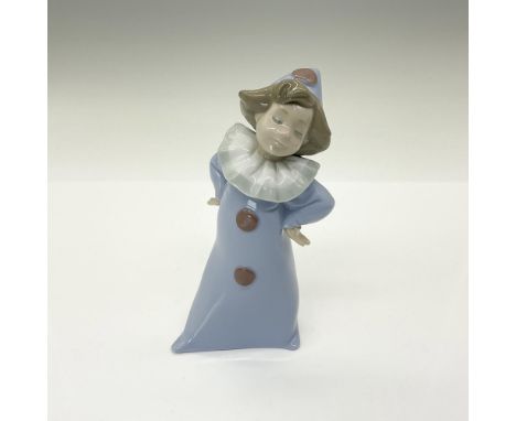 This glossy finished figurine depicts young Pierrot standing with hand on hips and blue coloration hat and gown. Nao backstam