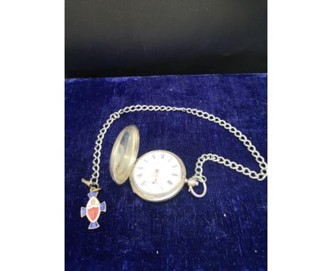 Silver Hall marked pocket watch Thomas gaunt Melbourn with Albert chain and enamel fob. 