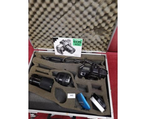 Cannon eo5 camera set with lenses in fitted aluminium box. 