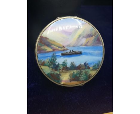 Early 1900s Gold cased enamel victorian hand painted boat scene snuff box. 