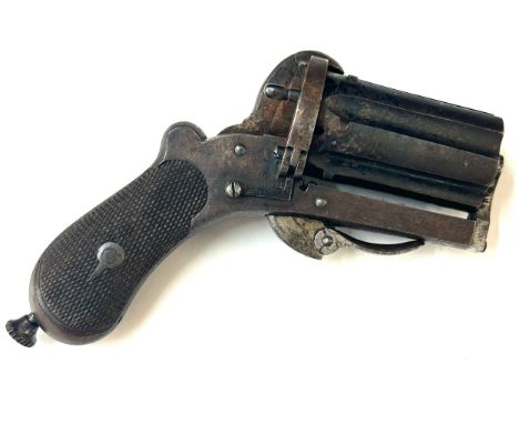 Fine blued barrelled six shot 7mm, pin fire pepper box revolver circa 1865