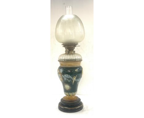 Lambeth Doulton oil lamp with shade and funnel, hinks duplex no 2 burner