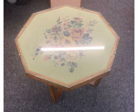 Oak table, tapestry top under glass, approximate measurements: Height 20 inches, 24 by 24 inches