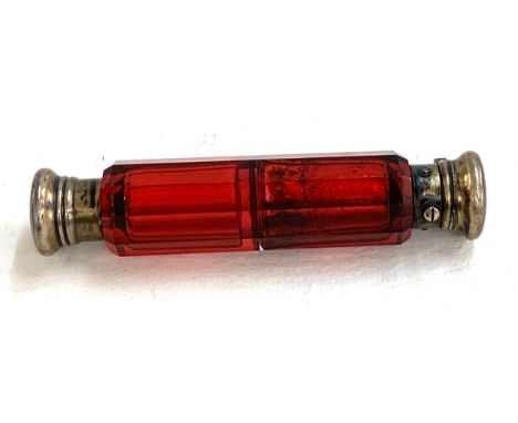 Victorian ruby glass double ended scent bottle, silver lidded with armorial crest