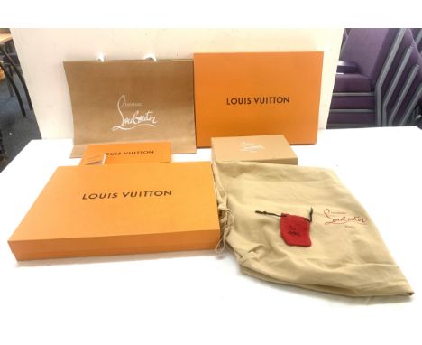 Selection 3 authentic Louis Vuitton gift boxes various sizes, Christian Louboutin paper carry bag  box and pouches