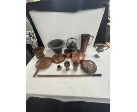 Selection of metalware to include copper, brass and silver plate, s well s a silver rimmed walking stick