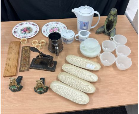 Selection of miscellaneous to include Royal Albert plates, Ceramic/rock lady t light holder, bone napkin rings etc