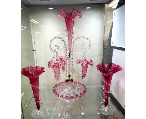 Cranberry Epergne with 2 matching vases, overall good condition, approximate measurements Height 22 inches