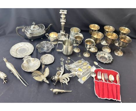 Selection of silver plated and metal ware to include animal figures, goblets, candlestick etc