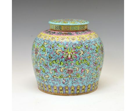 Large 20th Century Chinese porcelain ginger jar and cover, decorated in the Famille Rose palette with foliate scroll work on 