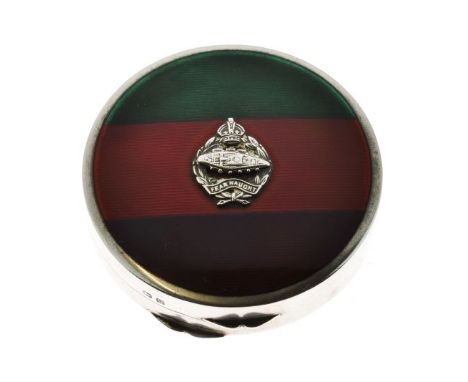Military Interest - George V silver and enamel compact, bearing the crest and colours of the Royal Tank Regiment, sponsors ma