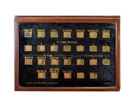 Early 20th Century servants bell call box, the rectangular verre eglomisé panel of twenty-six rooms including; seven receptio