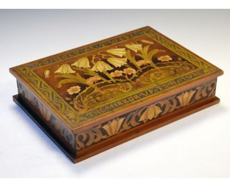 Early 20th Century Arts &amp; Crafts carved and painted wooden desk box, the hinged rectangular cover with motto 'To hold as 