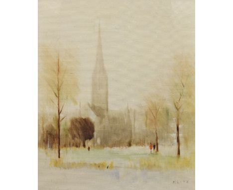 Anthony (Tony) Robert Klitz, (1917-2000) - Oil on canvas - Landscape with spire in the distance and two figures walking acros
