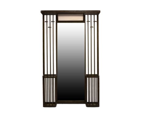 French Art Deco wrought iron hallstand, stamped R.A. Bordier, St Amand, Cher, the central rectangular bevelled mirror beneath