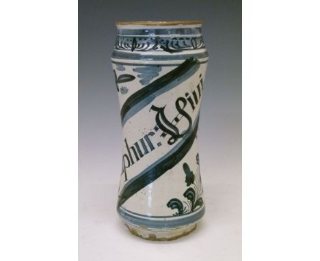 Spanish faience albarello or drug-jar, probably 17th Century, of typical waisted cylindrical form inscribed 'Sulphur' within 