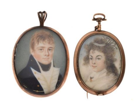 19th Century oval portrait miniature of a gentleman, in oval gilt metal mount with woven hair panel to reverse, together with