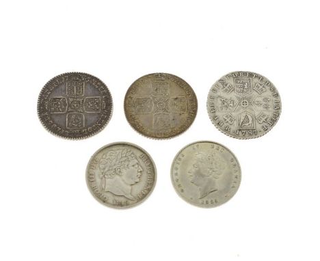 Coins, - Two George II shillings 1745 and 1758, two George III shillings 1787 and 1819, together with a George IV shilling 18
