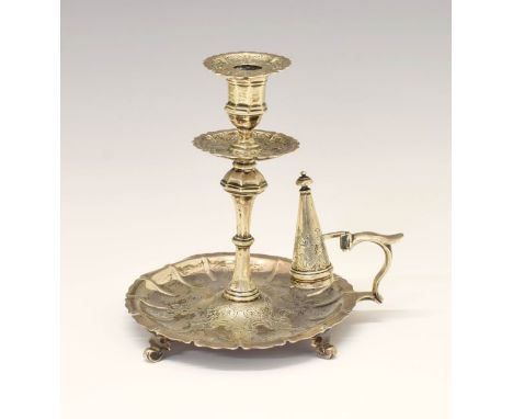 Victorian silver chamber candlestick, having engraved decoration and scroll handle, standing on four scallop feet, sponsors m