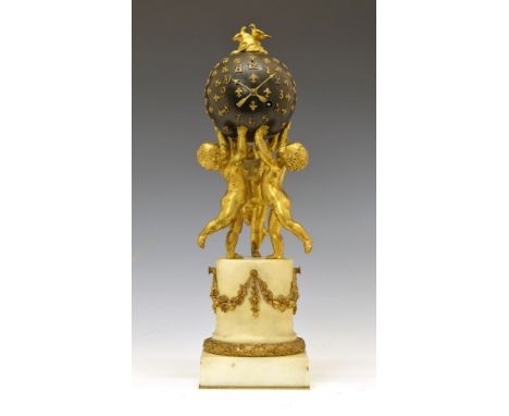 Late 19th Century French gilt metal and alabaster figural mantel clock, Samuel Marti, Paris, the anodised spherical Arabic di