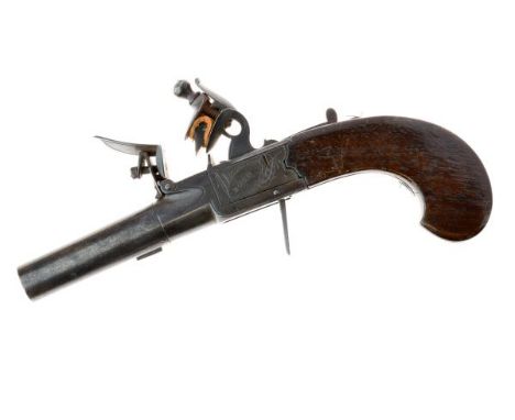 40 bore flintlock box lock pocket pistol, circa 1820, steel turn-off barrel 4.5cm, lightly engraved action signed Oundl, top 