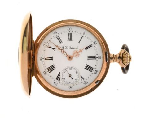 A.H. Rodanet - 18ct gold 19th Century half hunter fob watch, stamped 18 and Swiss control marks, the signed white enamel dial